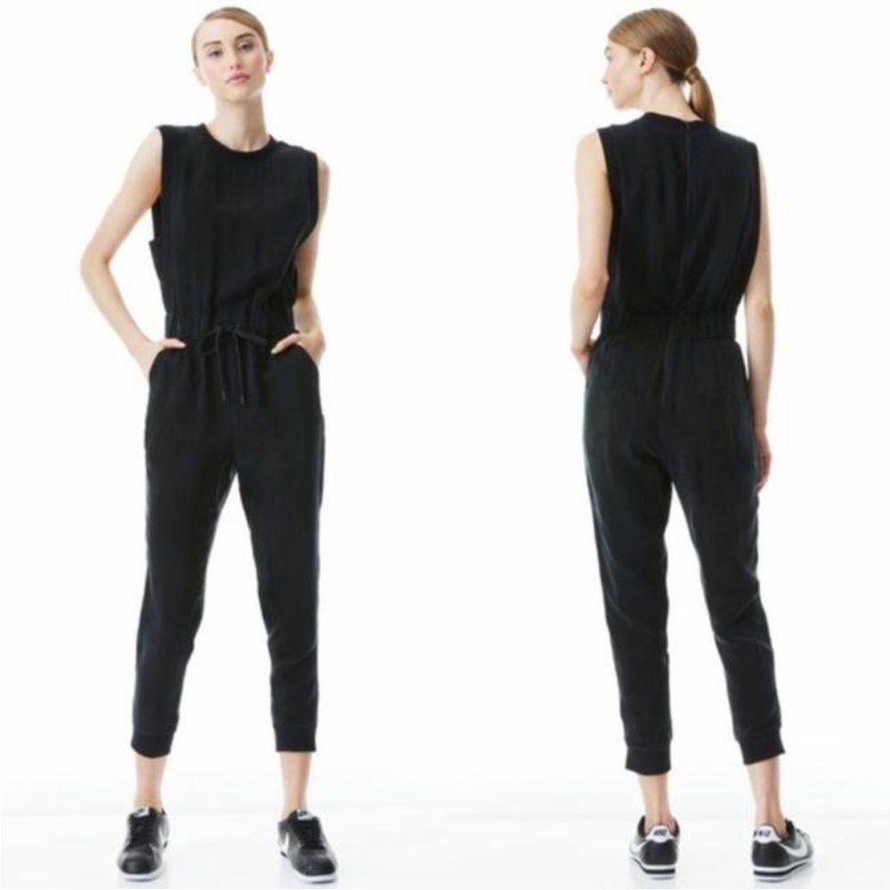 ALICE + OLIVIA black drawstring waist tie silk sleeveless tank jumpsuit